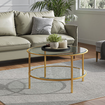 2-Tier Round Glass Coffee Table with Golden Frame