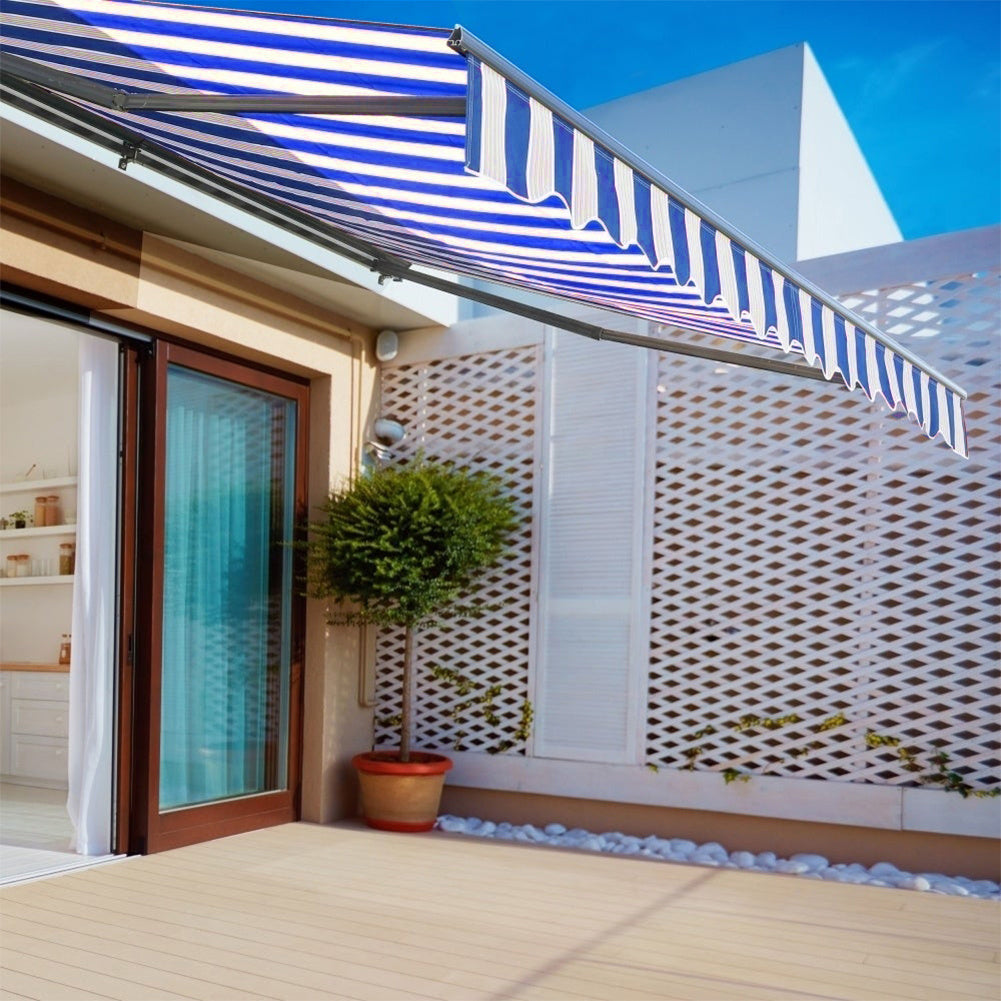 Retractable Patio Awning - Manual Shelter - Blue & White Awnings