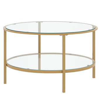 2-Tier Round Glass Coffee Table with Golden Frame
