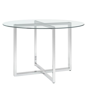Modern Round Tempered Glass Dining Table with Crossed Square Metal Legs