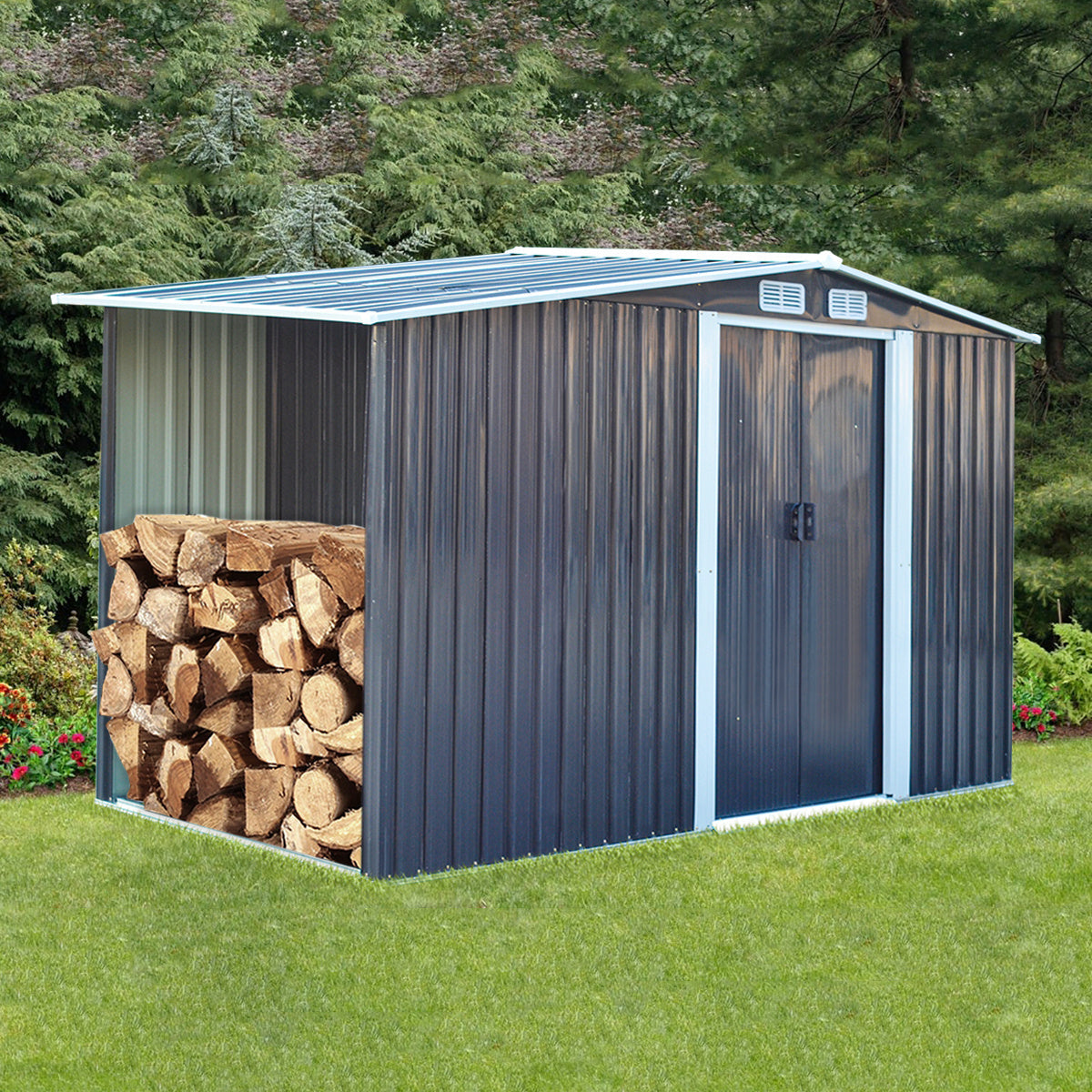 Garden Steel Shed Gable Roof Top with Firewood Storage Garden storage Garden Sanctuary W 329 x T 132 x H 178 cm