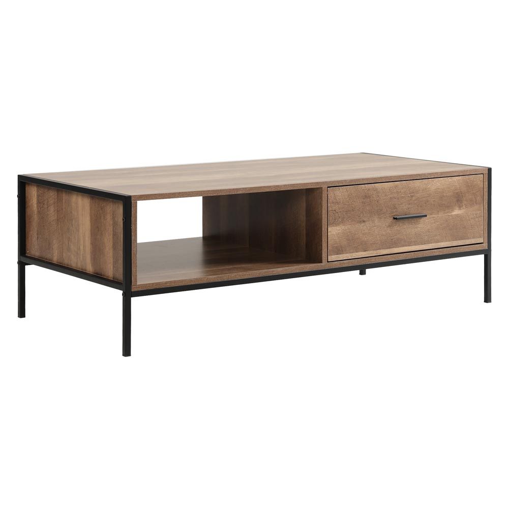 Rustic Brown Coffee Table Metal Framed Tea Table with Drawer and Shelf