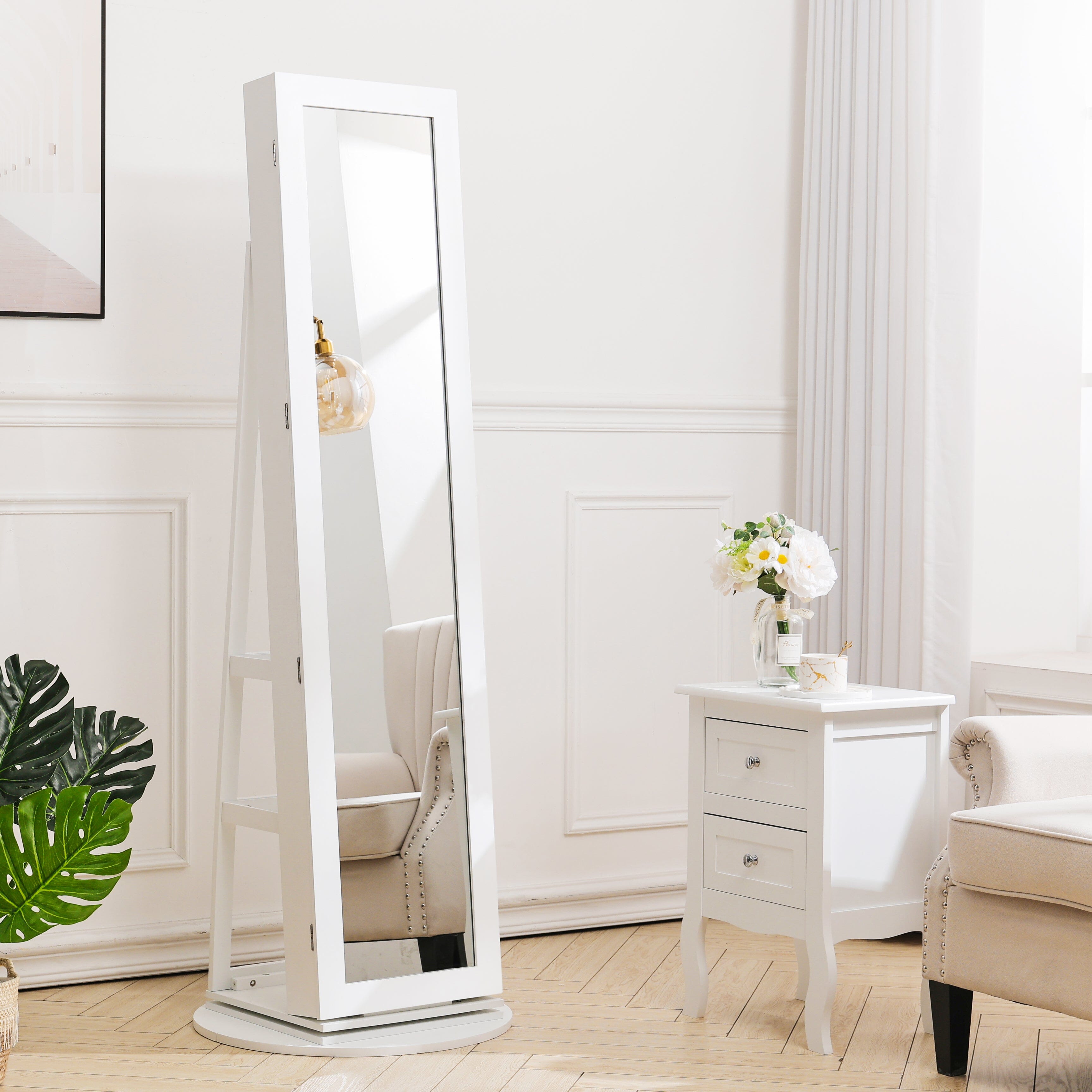 White Rotating Jewelry Organizer Cabinet with Mirror Jewellery Armoires Living and Home