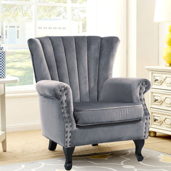 Vintage Style Grey Armchair Velvet High Back Lounge Chair