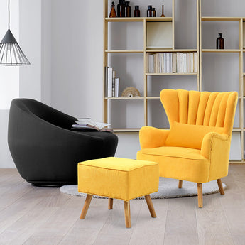 Yellow Upholstered Armchair Faux Wool Wing Back Chair with Footstool