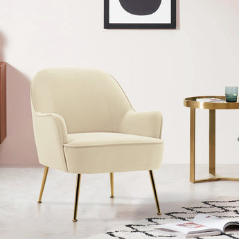 Beige Velvet Upholstered Armchair with Golden Legs