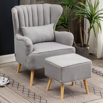 Living Room Linen Lounge Chair Grey Padded Armchair with Footstool