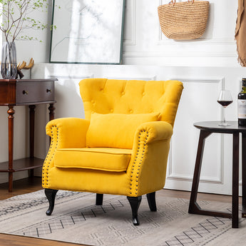 Upholstered Buttoned Armchair Yellow Lounge Chair with Cushion