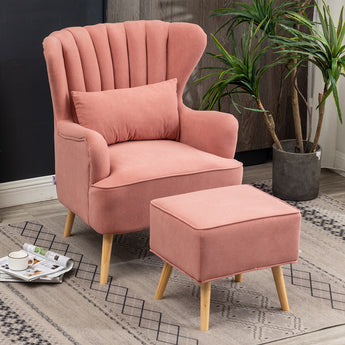Curved Back Armchair Pink Frosted Velvet Wing Back Chair with Footstool