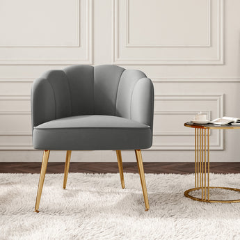 Grey Frosted Velvet Armchair Shell-shaped Wingback Chair with Gold Metal Legs