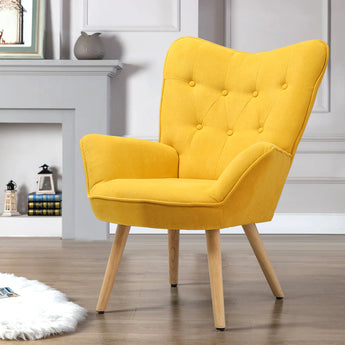 Buttoned Linen Upholstered Wingback Armchair with Wooden Legs