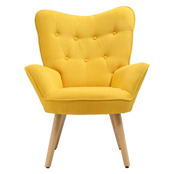 Buttoned Linen Upholstered Wingback Armchair with Wooden Legs