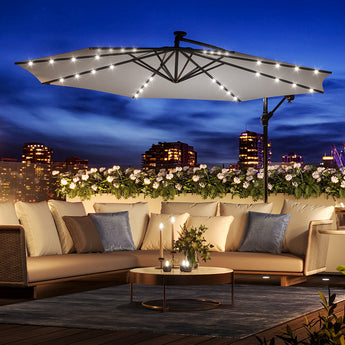 Light Grey Outdoor Cantilever Parasol Umbrella with LED Lights