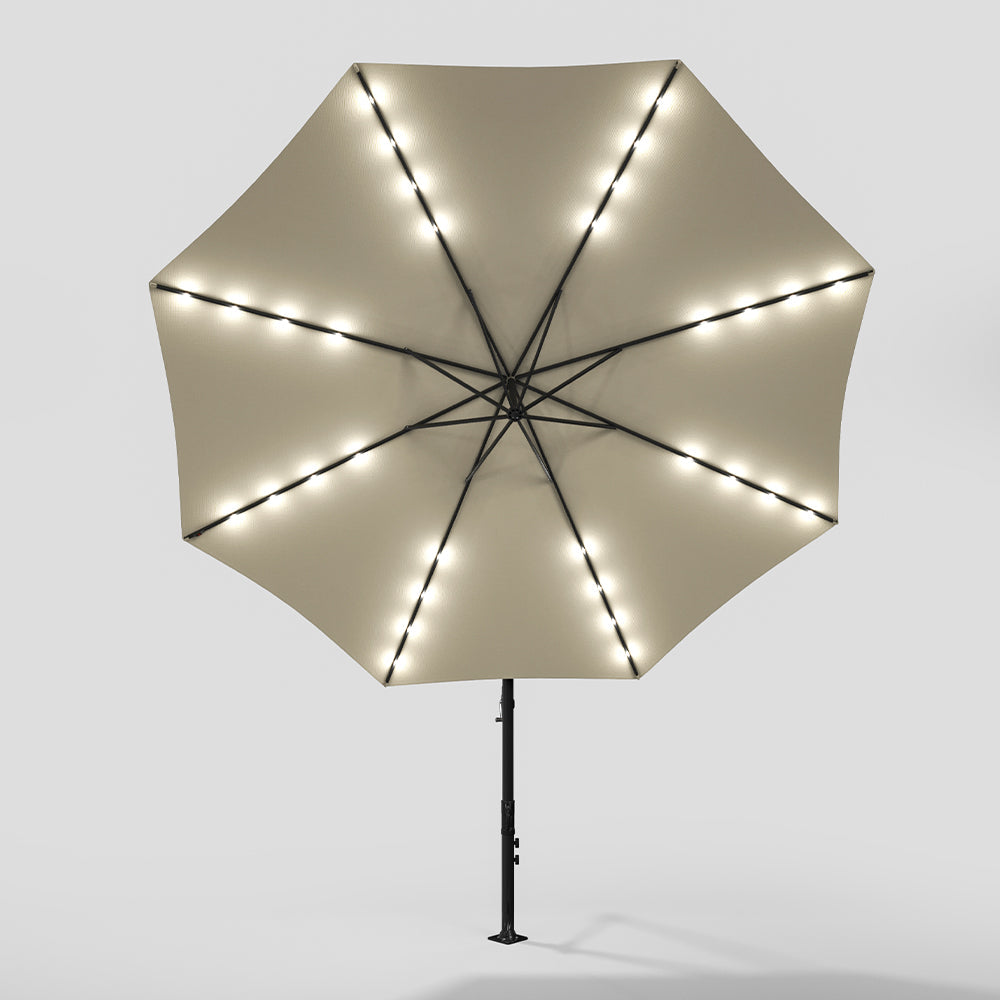 Beige 3m Iron Banana Umbrella Cantilever Garden Parasols with LED Lights Parasols & Rain Umbrellas