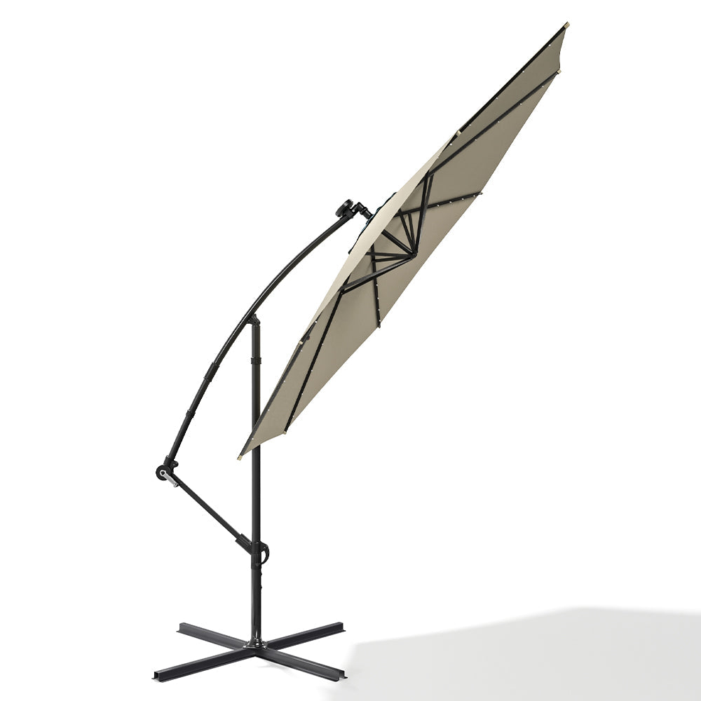 Beige 3m Iron Banana Umbrella Cantilever Garden Parasols with LED Lights Parasols & Rain Umbrellas