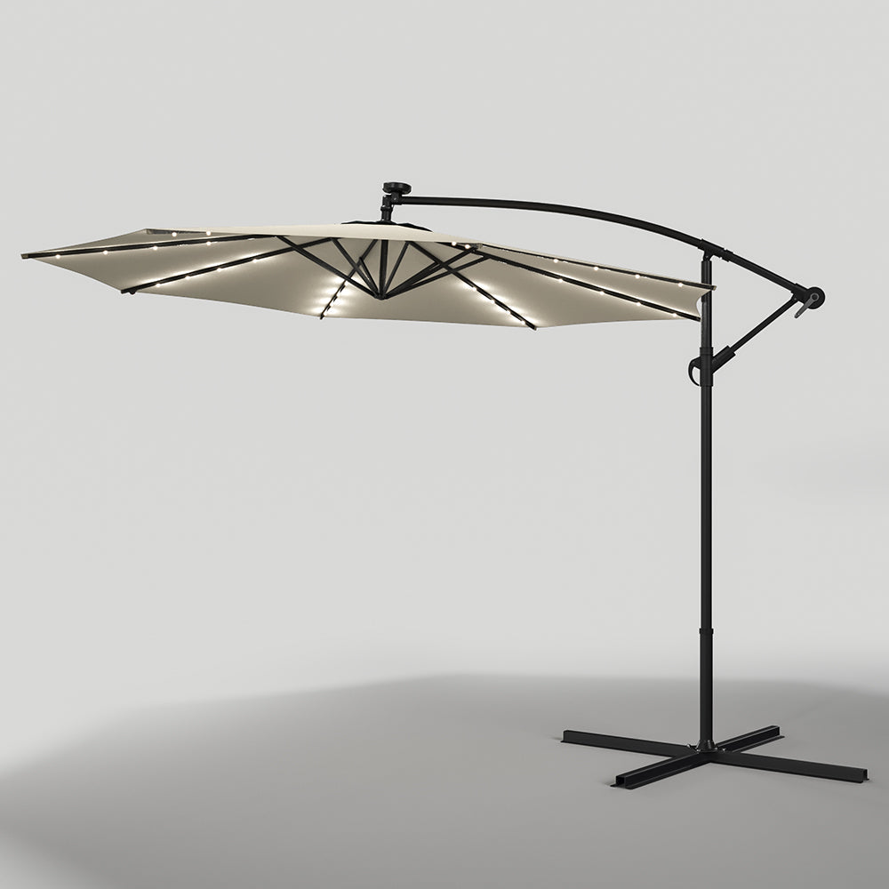 Beige 3m Iron Banana Umbrella Cantilever Garden Parasols with LED Lights Parasols & Rain Umbrellas