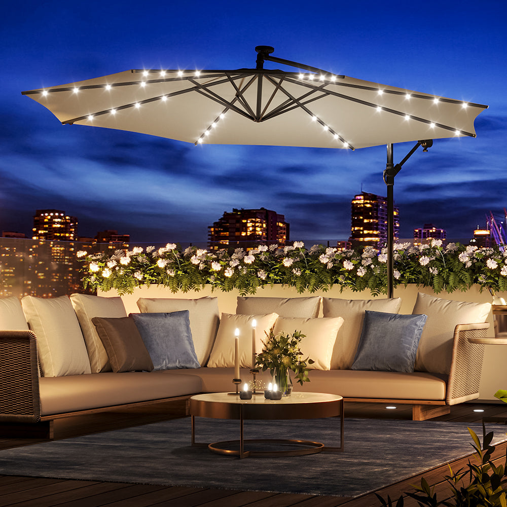 Beige 3m Iron Banana Umbrella Cantilever Garden Parasols with LED Lights Parasols & Rain Umbrellas