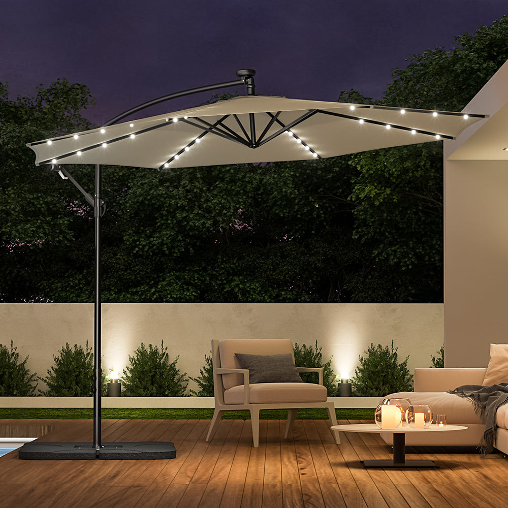 Beige 3m Iron Banana Umbrella Cantilever Garden Parasols with LED Lights Parasols & Rain Umbrellas