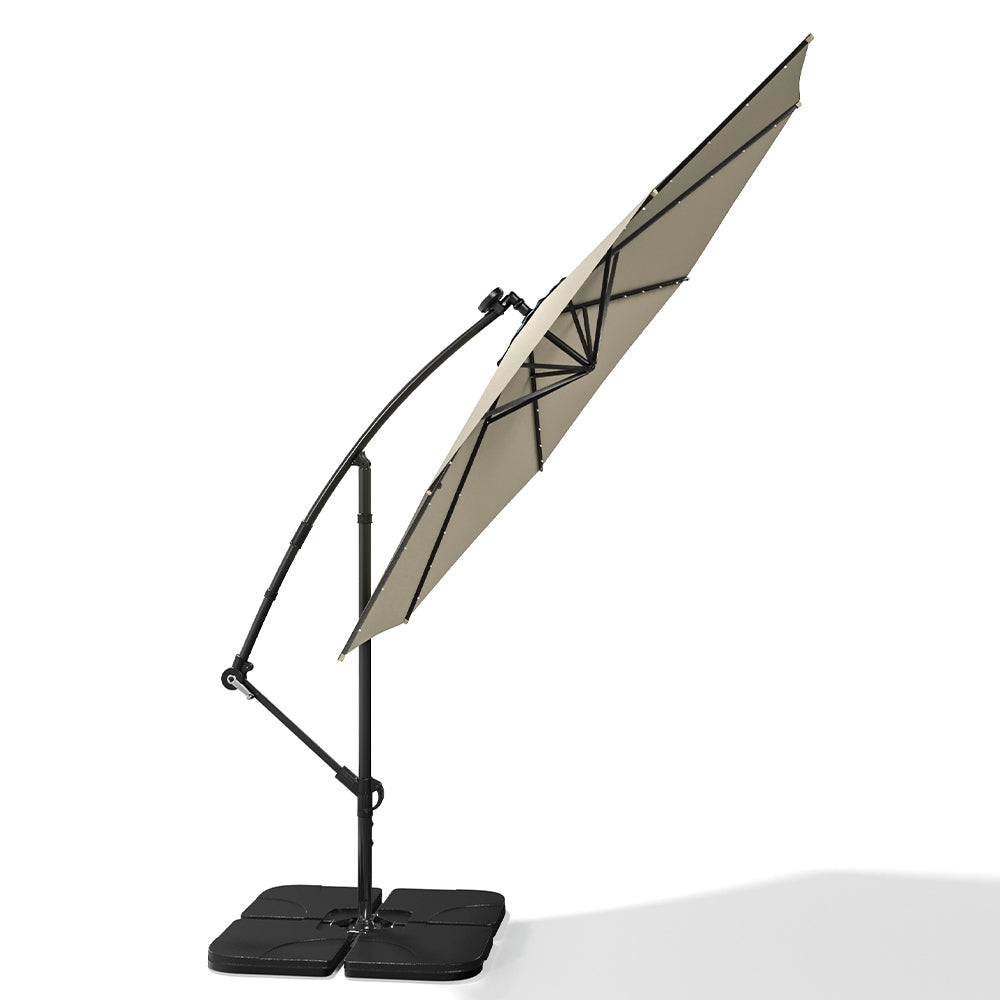 Beige 3m Iron Banana Umbrella Cantilever Garden Parasols with LED Lights Parasols & Rain Umbrellas