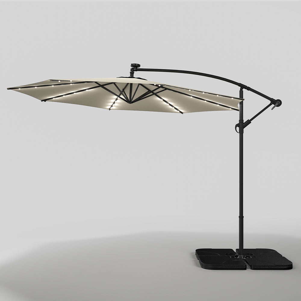 Beige 3m Iron Banana Umbrella Cantilever Garden Parasols with LED Lights Parasols & Rain Umbrellas