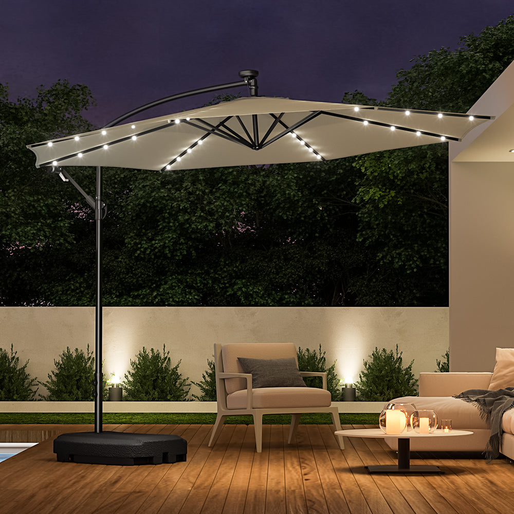Beige 3m Iron Banana Umbrella Cantilever Garden Parasols with LED Lights Parasols & Rain Umbrellas