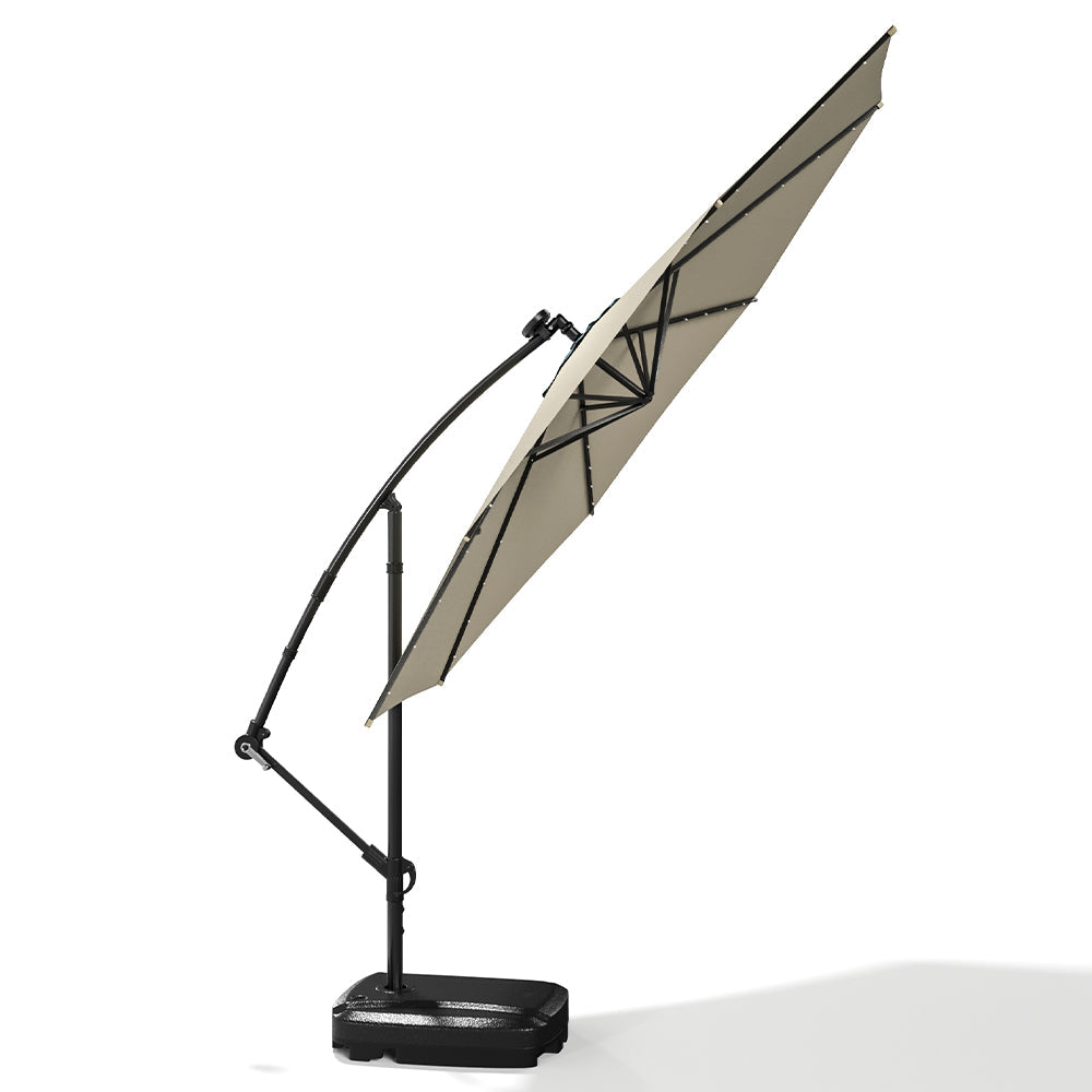 Beige 3m Iron Banana Umbrella Cantilever Garden Parasols with LED Lights Parasols & Rain Umbrellas
