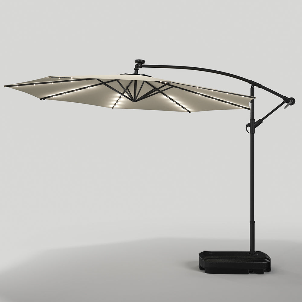 Beige 3m Iron Banana Umbrella Cantilever Garden Parasols with LED Lights Parasols & Rain Umbrellas