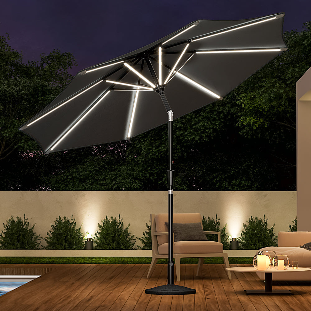 Black 3M Lighted Market Sunbrella Umbrella with Solar Strip LED Lights Parasols & Rain Umbrellas