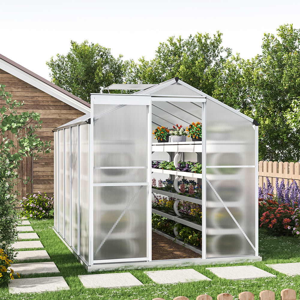 White Framed Garden Hobby Greenhouse with Vent Garden Storages & Greenhouses Garden Sanctuary 10' x 6' ft With base frame