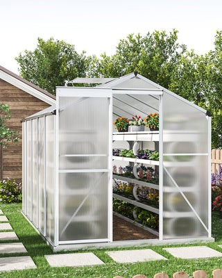 White Framed Garden Hobby Greenhouse with Vent Garden Storages & Greenhouses Garden Sanctuary 10' x 6' ft With base frame 