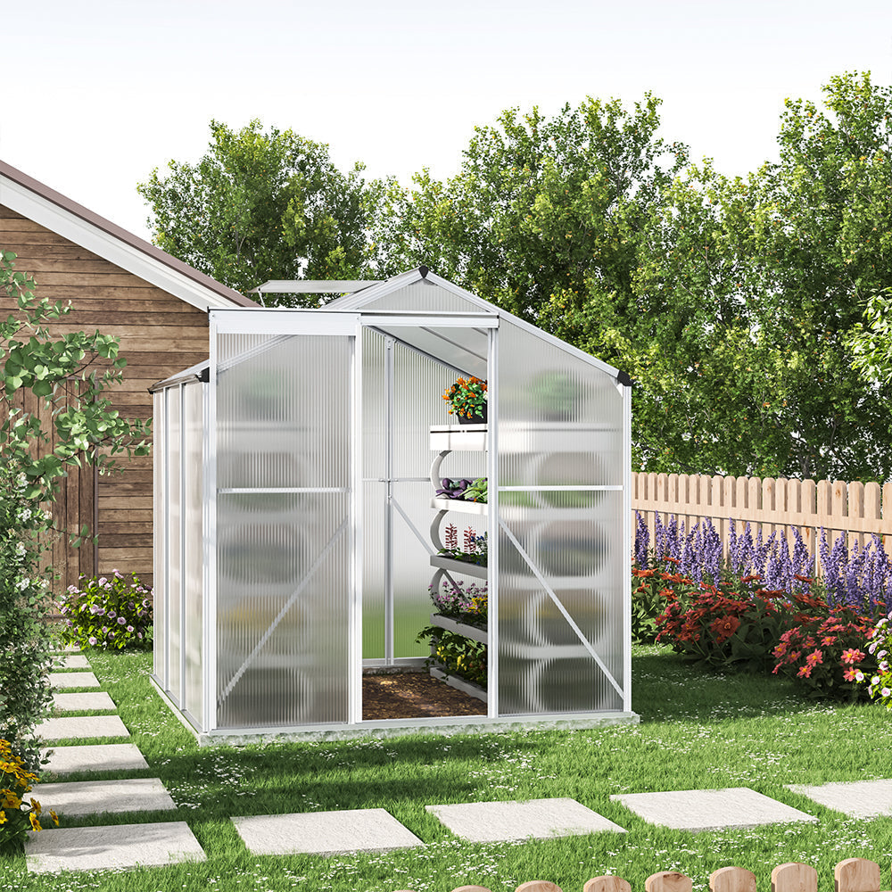 White Framed Garden Hobby Greenhouse with Vent Garden Storages & Greenhouses Garden Sanctuary 6' x 6' ft With base frame