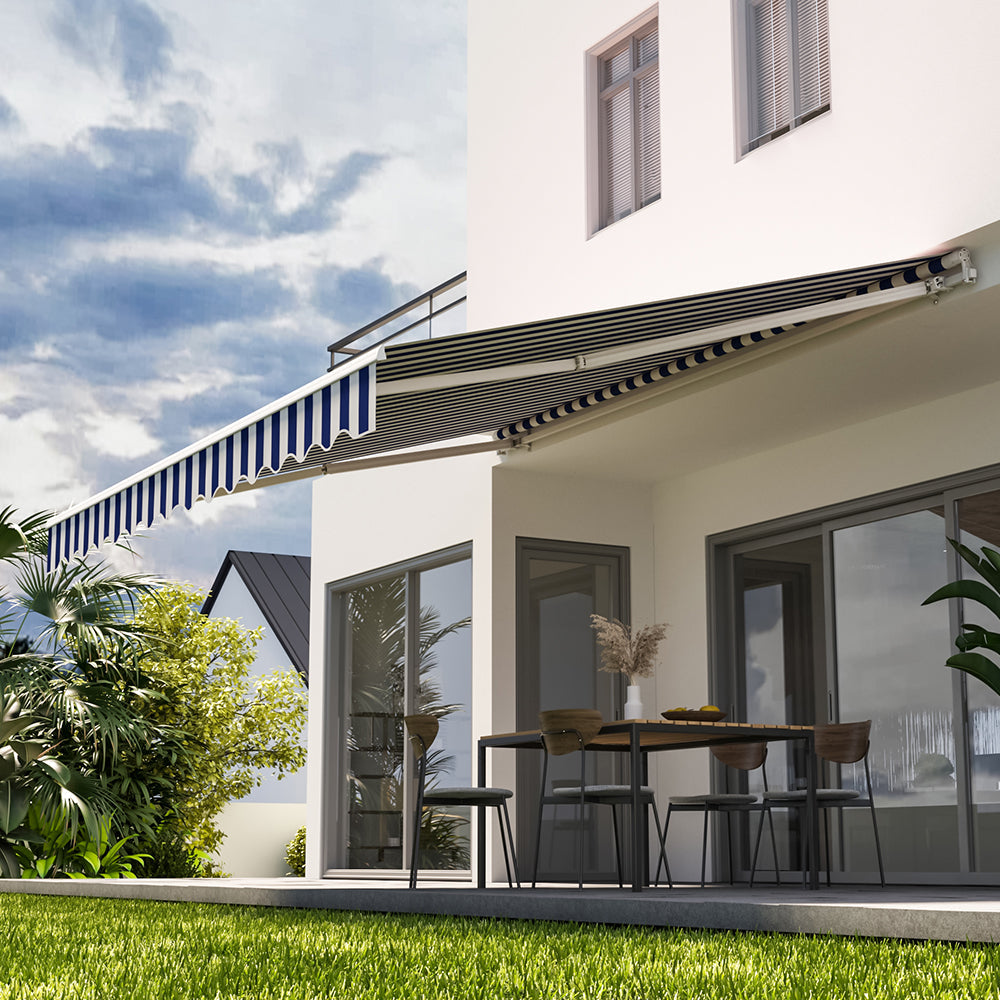 Retractable Patio Awning - Manual Shelter - Blue & White Awnings