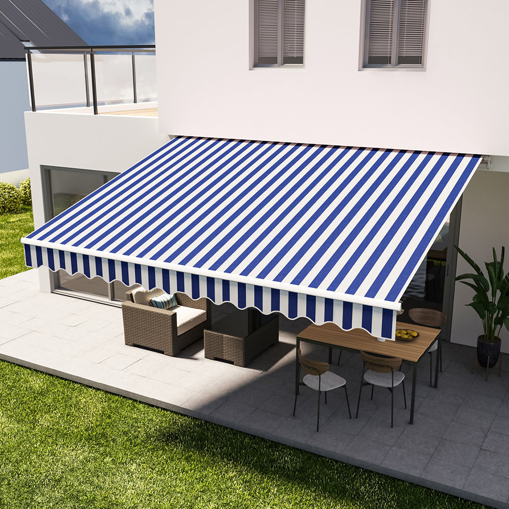 Retractable Patio Awning - Manual Shelter - Blue & White Awnings