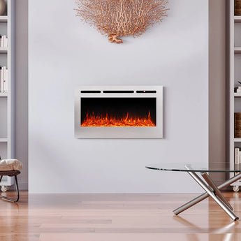 36 Inch Linear Electric Fireplace Recessed in White