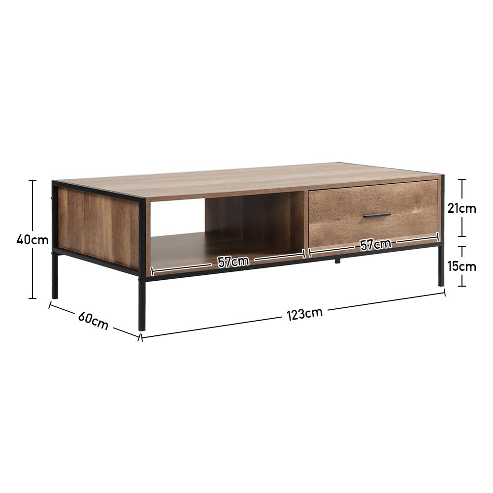 Rustic Brown Coffee Table Metal Framed Tea Table with Drawer and Shelf