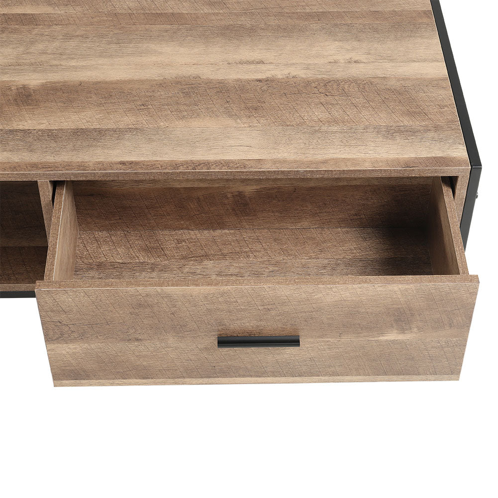 Rustic Brown Coffee Table Metal Framed Tea Table with Drawer and Shelf