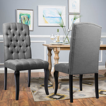 2 Pcs High Back Tufted Dining Chairs Grey Linen Upholstered Side Chairs