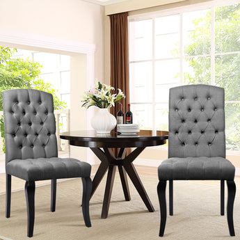 Grey Tufted Linen Upholstered High Back Dining Chairs Set of 2