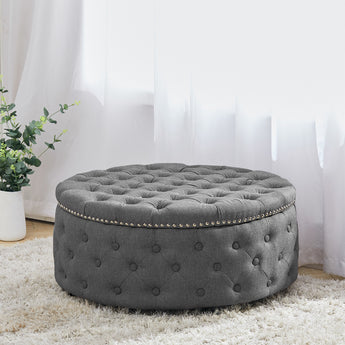 Linen Upholstered Ottoman Footrest Round Footstool with Studed Edge