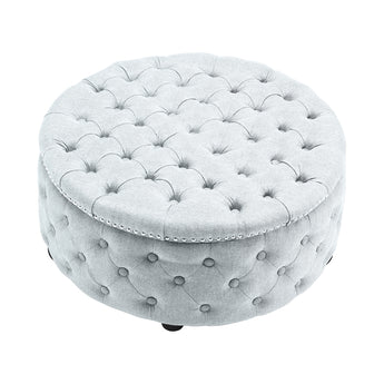 Linen Upholstered Ottoman Footrest Round Footstool with Studed Edge