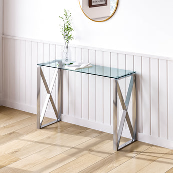Modern Console Table Tempered Glass Coffee Table with 2 X-shaped Legs