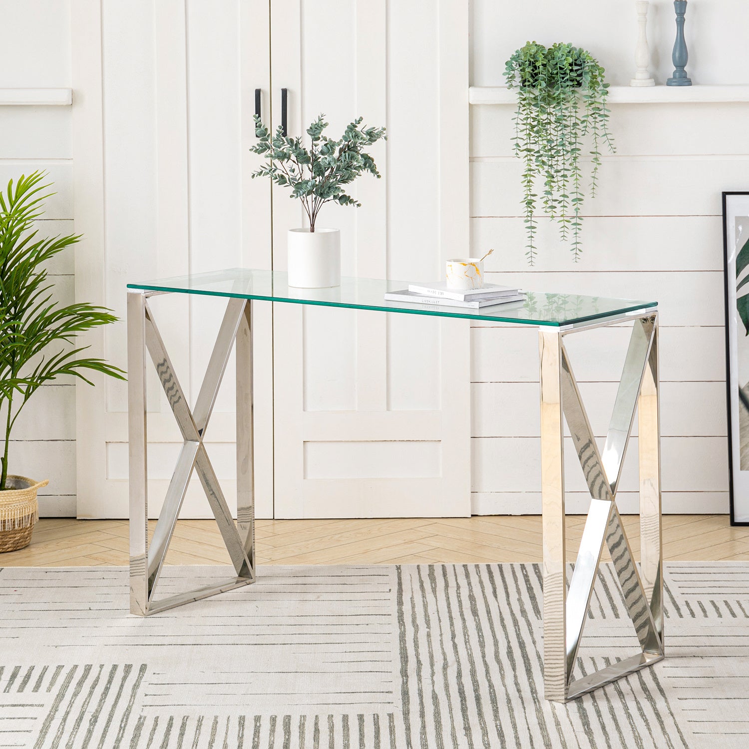 Modern Console Table Tempered Glass Coffee Table with 2 X-shaped Legs