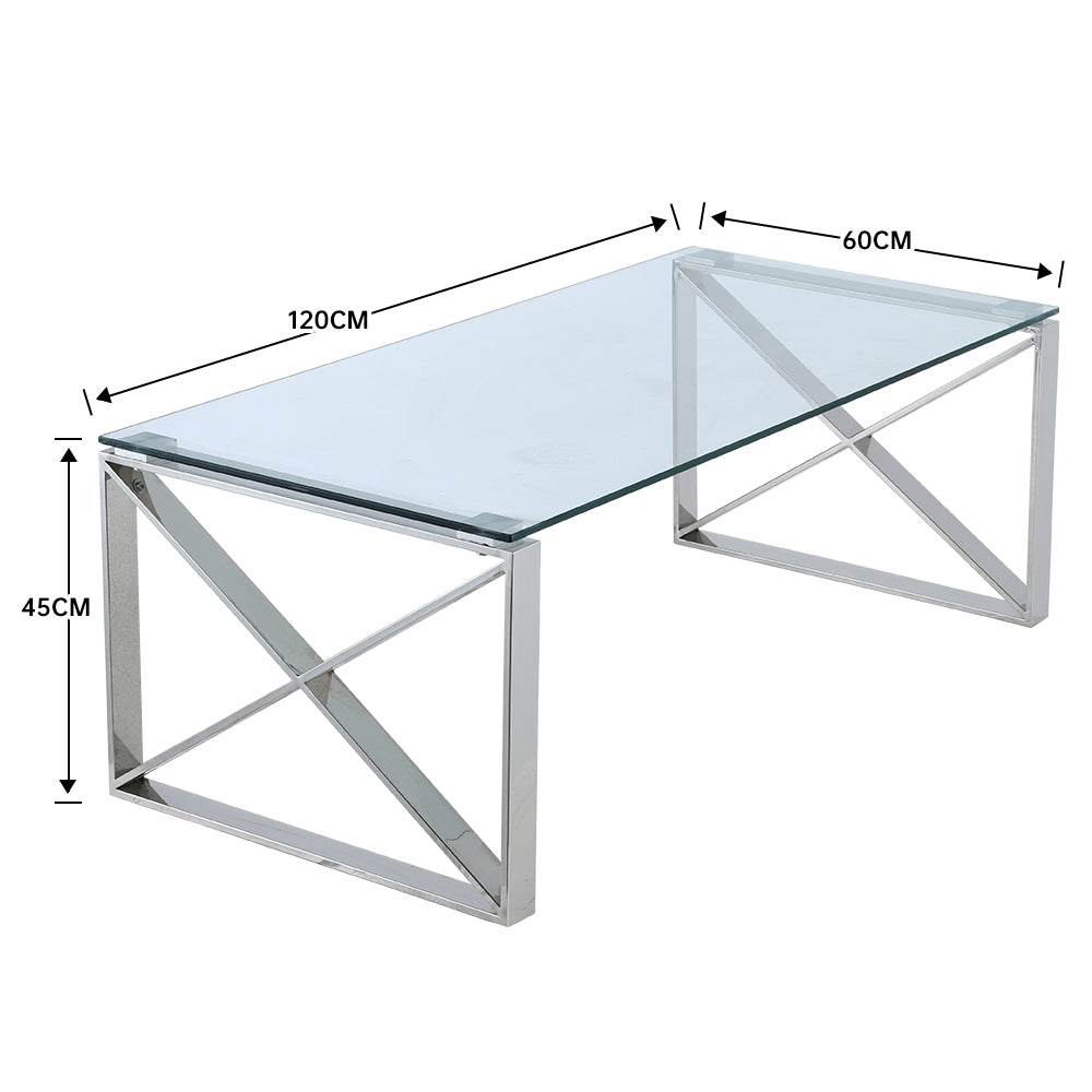 Modern Console Table Tempered Glass Coffee Table with 2 X-shaped Legs