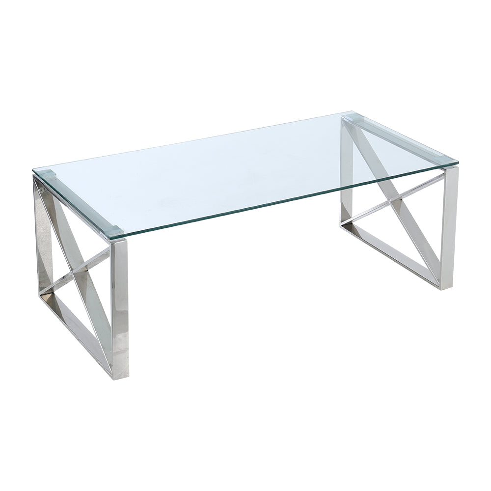 Modern Console Table Tempered Glass Coffee Table with 2 X-shaped Legs