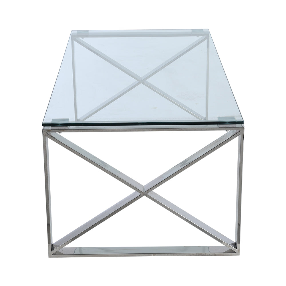 Modern Console Table Tempered Glass Coffee Table with 2 X-shaped Legs