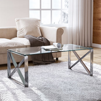 Modern Console Table Tempered Glass Coffee Table with 2 X-shaped Legs