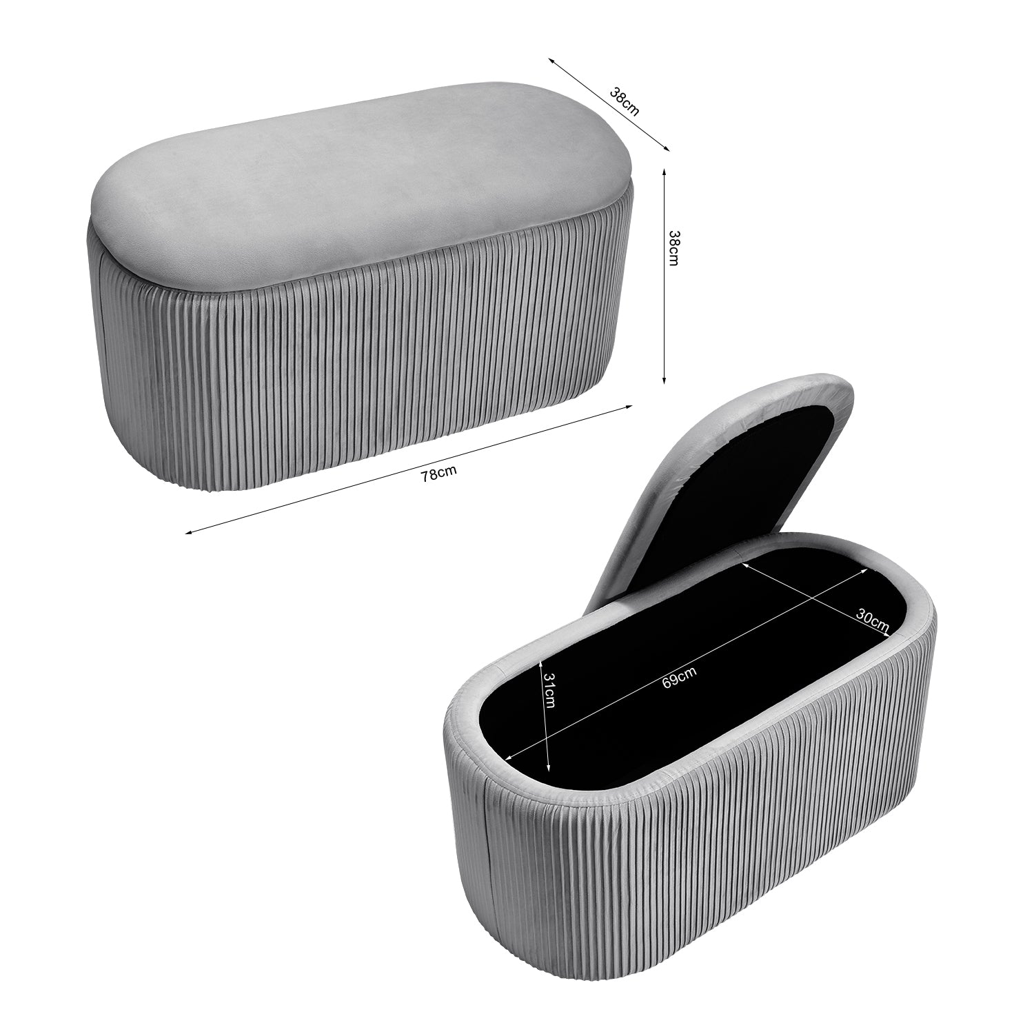 Modern Grey Storage Bench Oval Pleated Storage Ottoman