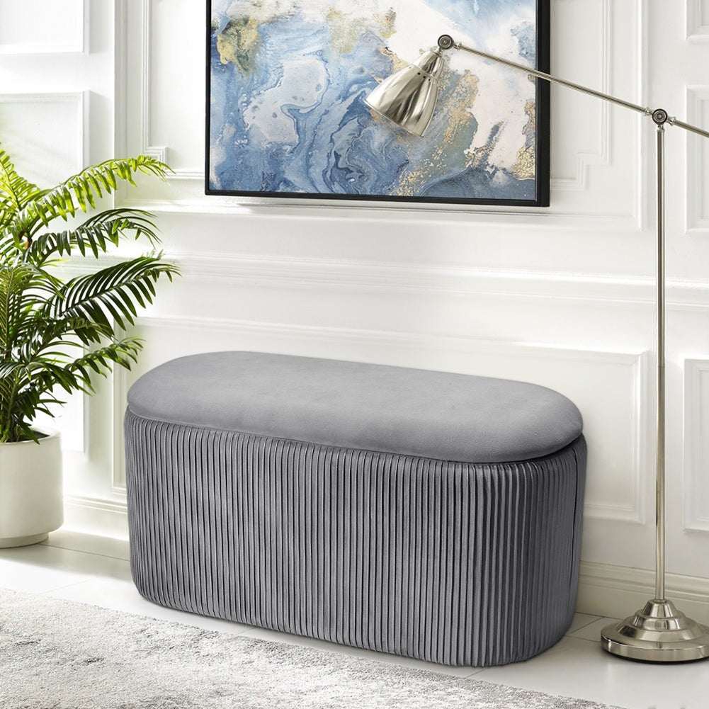 Modern Grey Storage Bench Oval Pleated Storage Ottoman