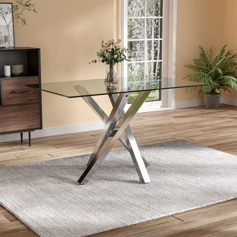 Modern Tempered Glass Dining Table with Metal Crossed Legs