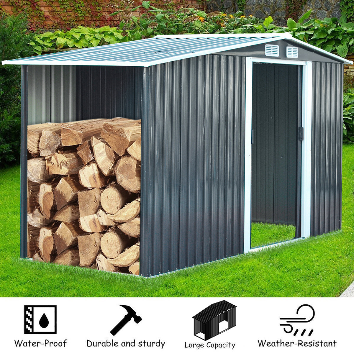 Garden Steel Shed Gable Roof Top with Firewood Storage Garden storage Garden Sanctuary